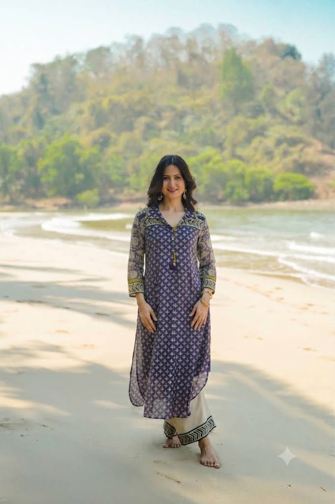 Purple and Yellow  Vayu Mul Chanderi Block Print Kurta Set