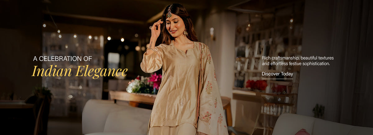 Celebrity style beige gold silk chanderi kurta suit set with embroidered dupatta - Mahee Jaipur celebrity picks collection