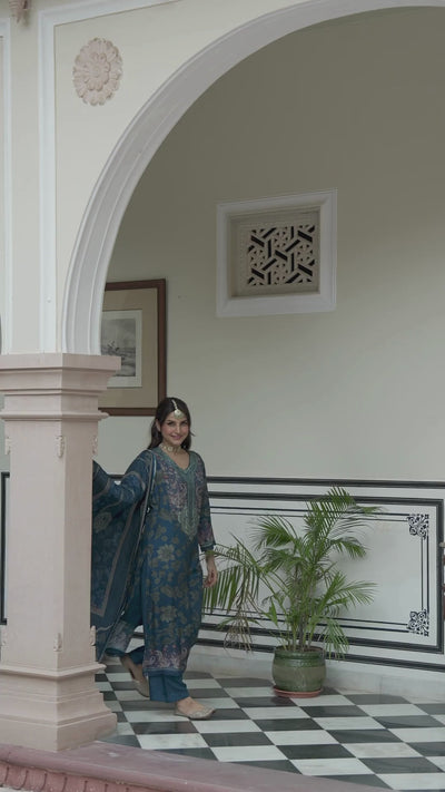 Blue and Grey Paisley Floral Print Thread Embroidery With Lace Muslin Suit Set