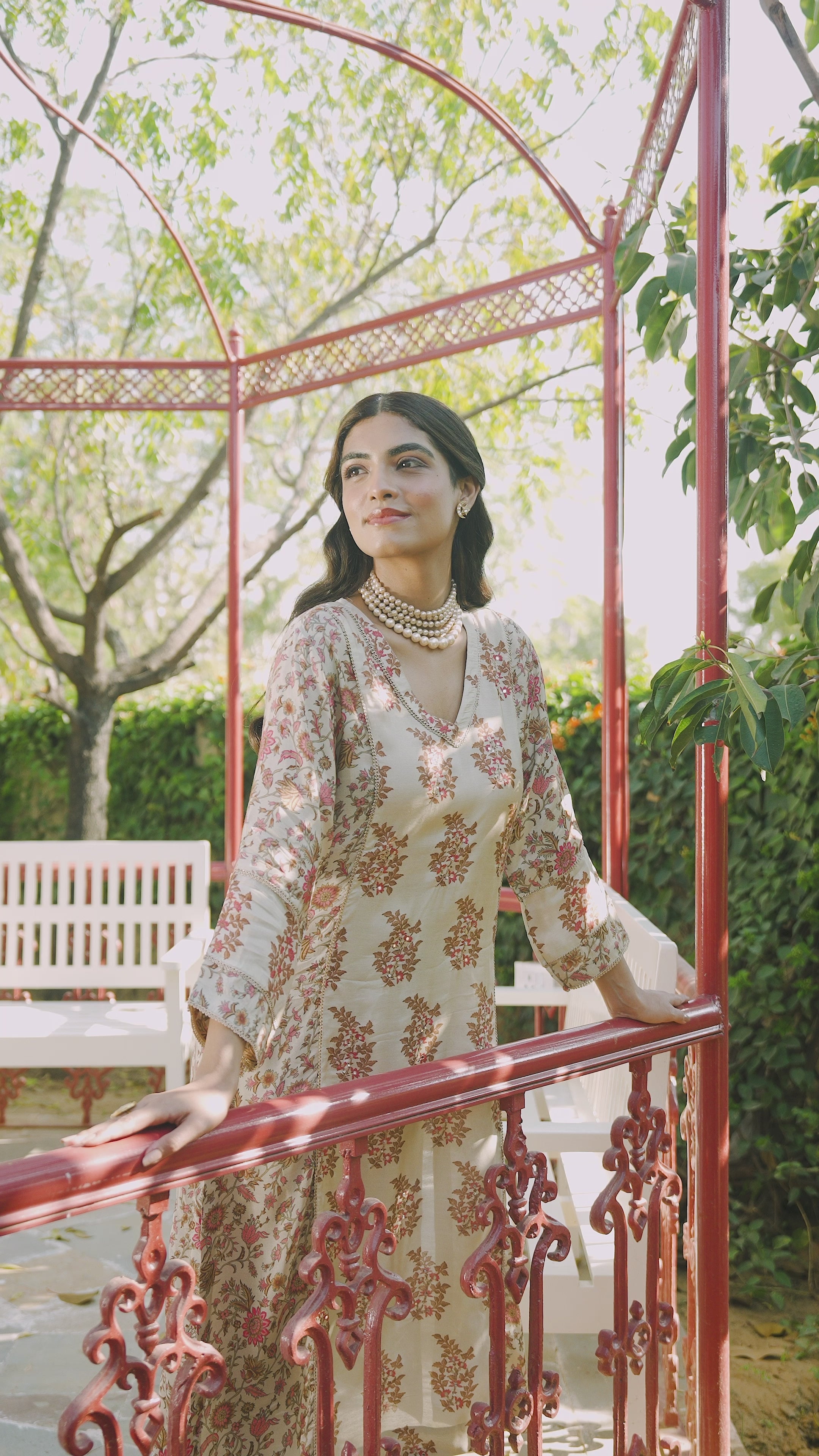 Beige With Pink Buti and Jaal Nyra cut Muslin Kurta Set