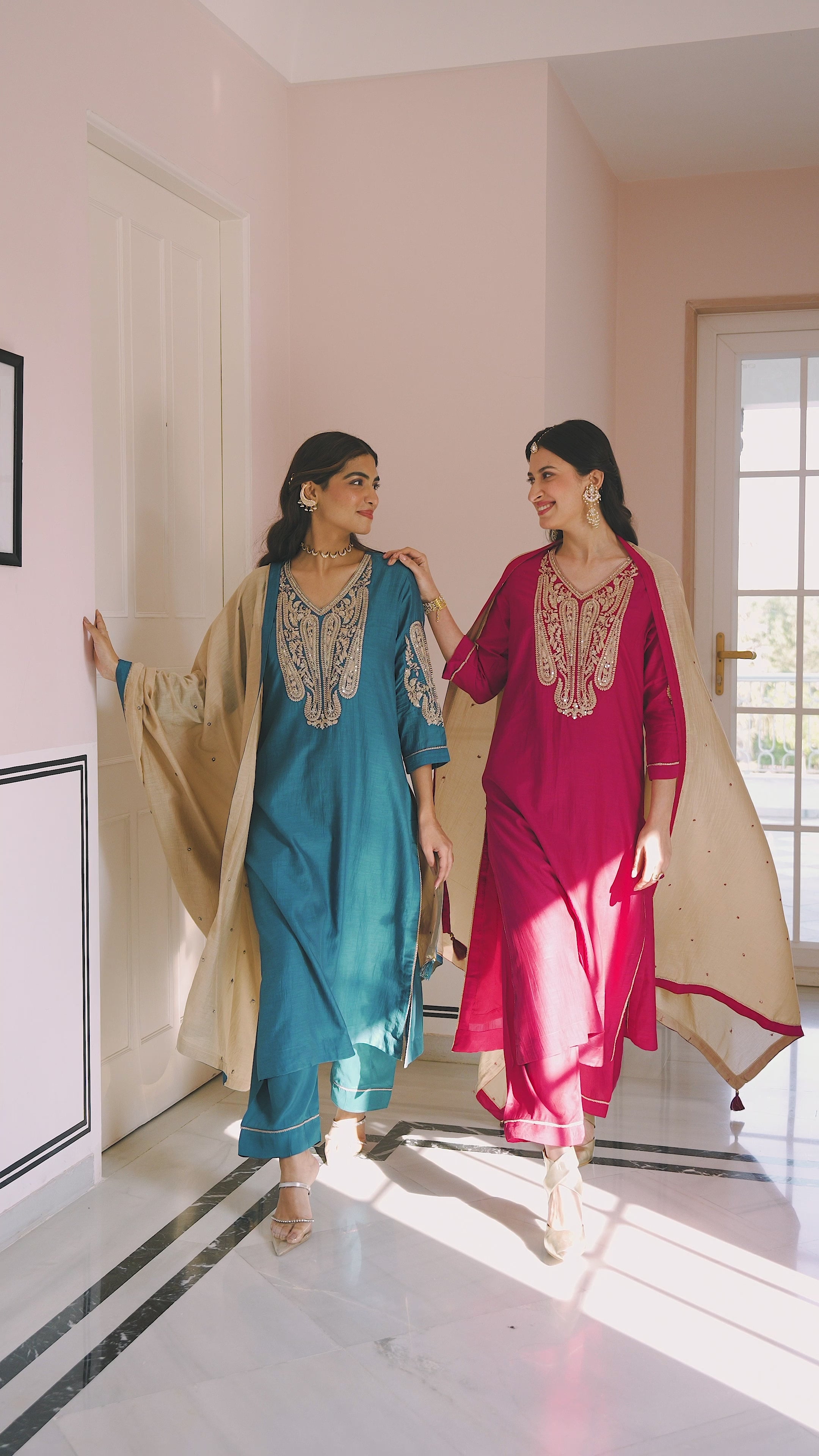 Ruby Pink Marodi Work Mul Chanderi Suit Set