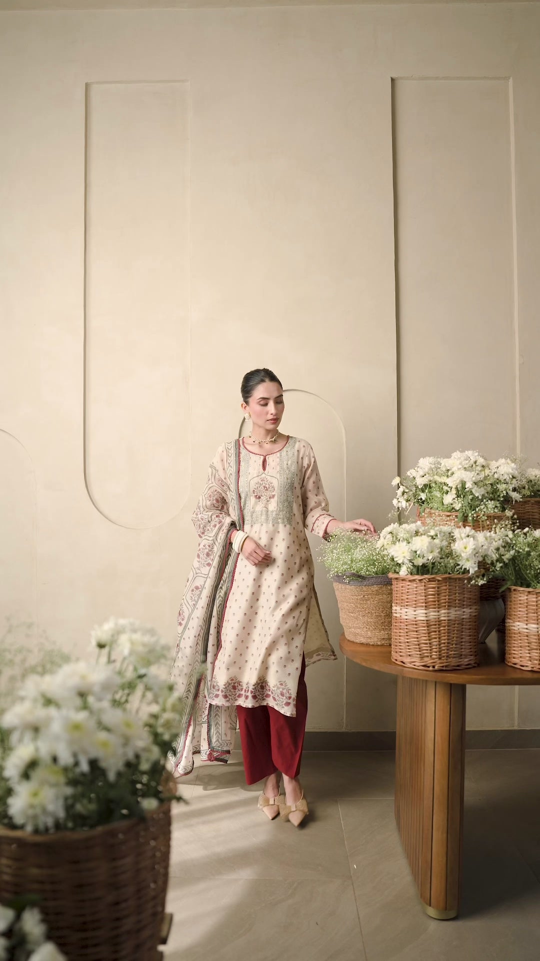 Beige and Maroon Block Print Chanderi Suit Set with Gota and Tari Work
