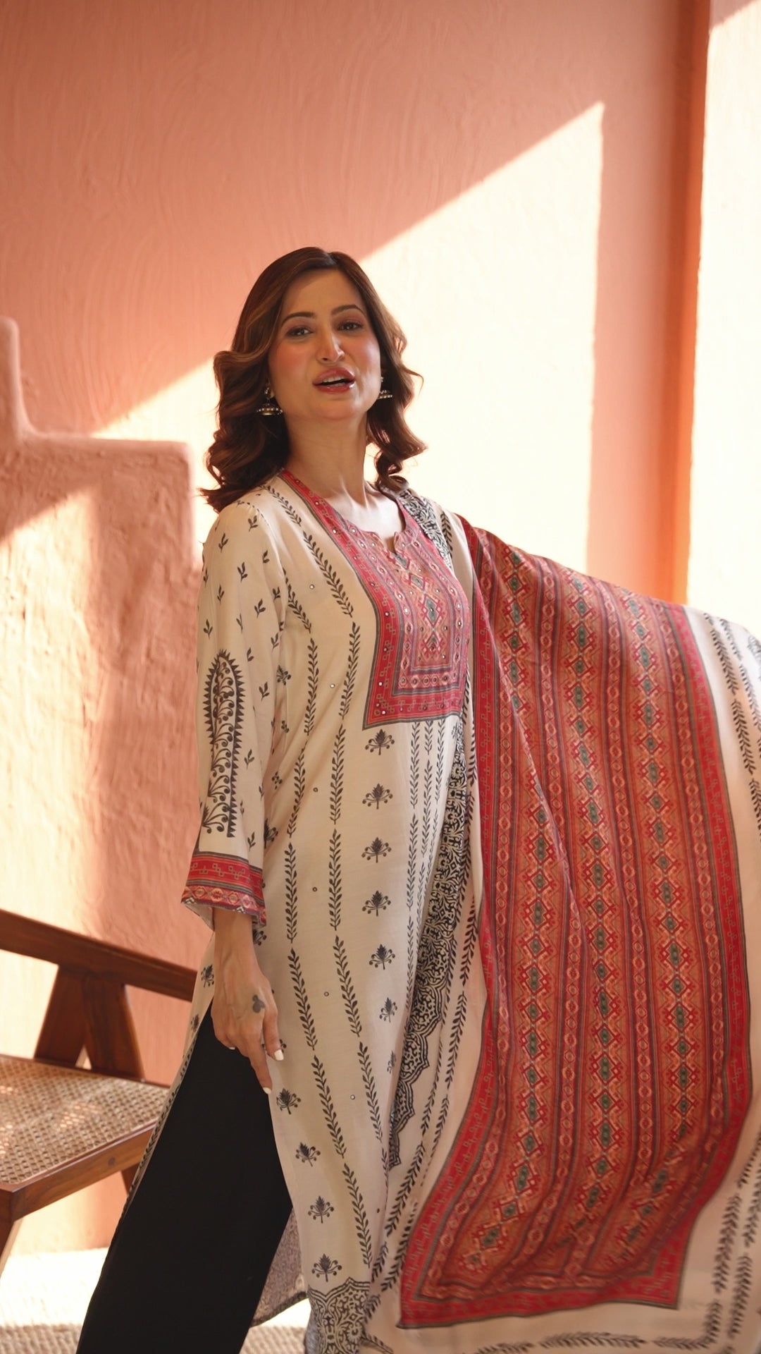 White and Black Block Print With Red Coloured Yoke Suit Set