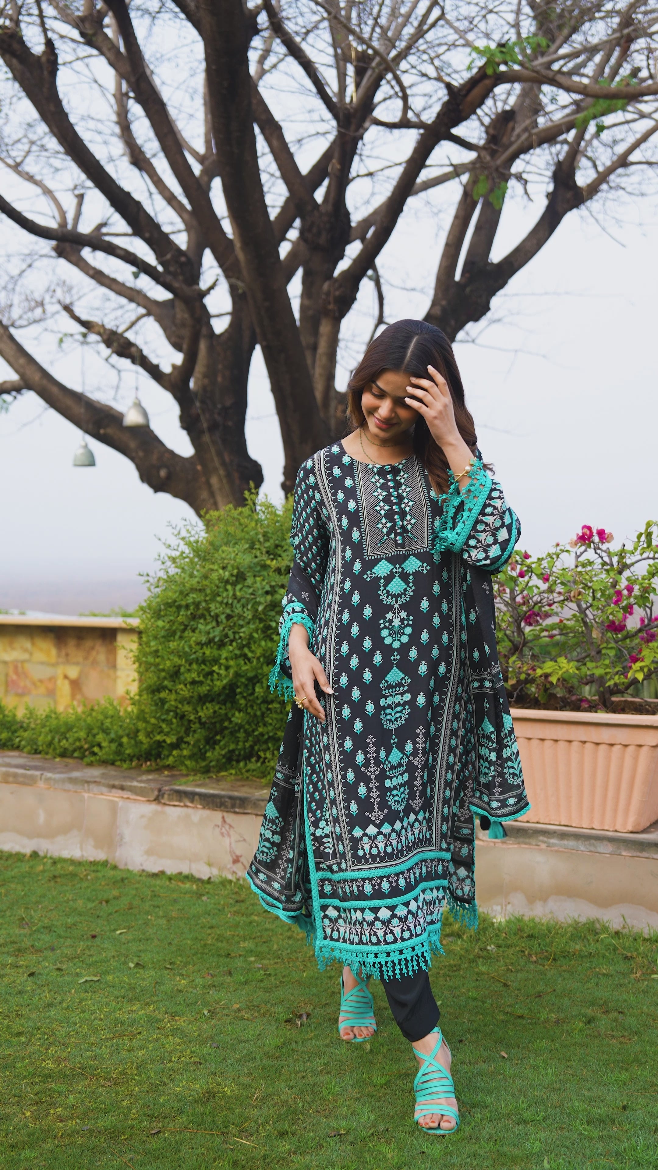 Black and Blue Lacy Block Print Muslin Suit Set