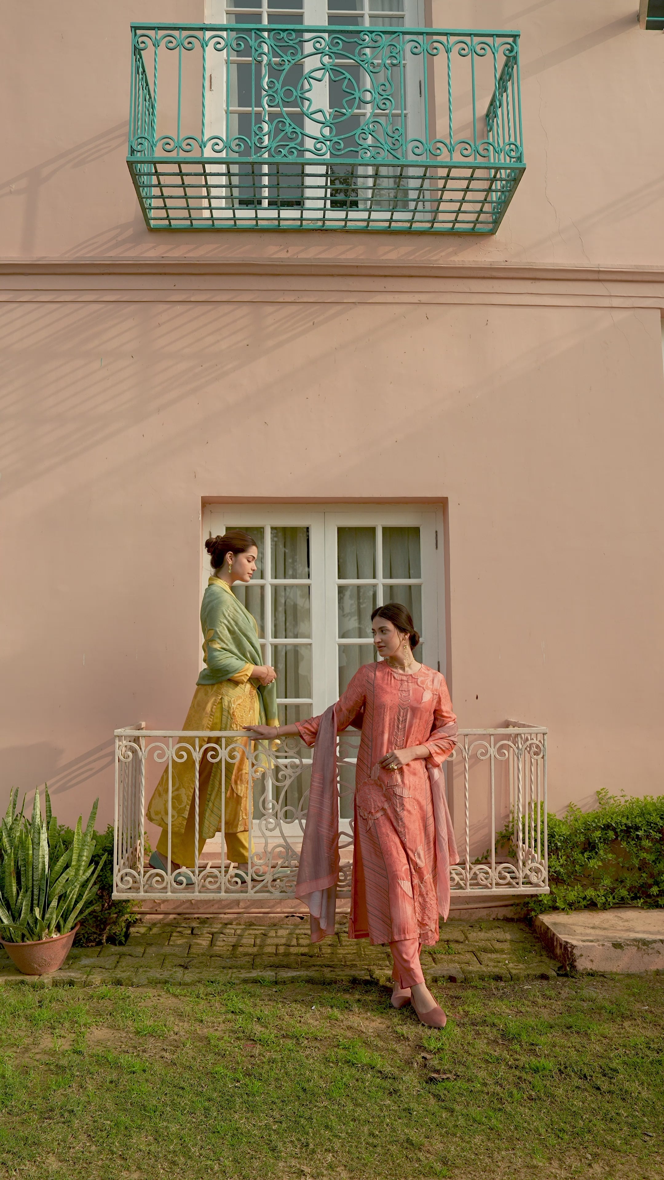 Peach and Grey Fagun Floral Patch and Embroidery Work Muslin Suit