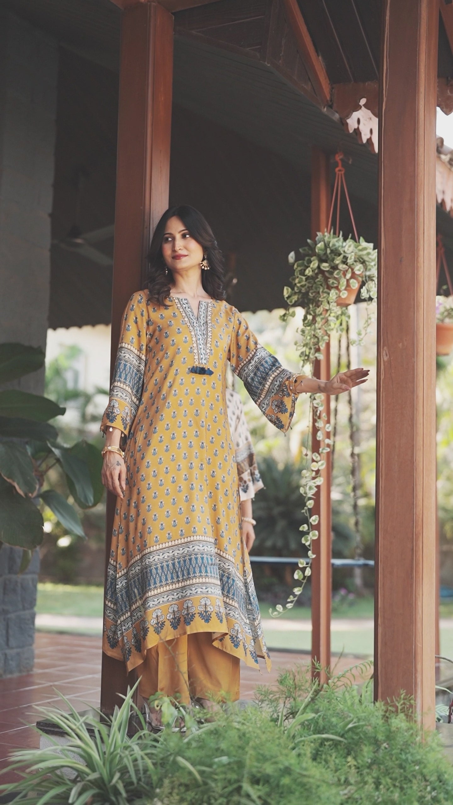 Yellow and Blue Block Print with Tassels Muslin C cut Kurta Pant Set