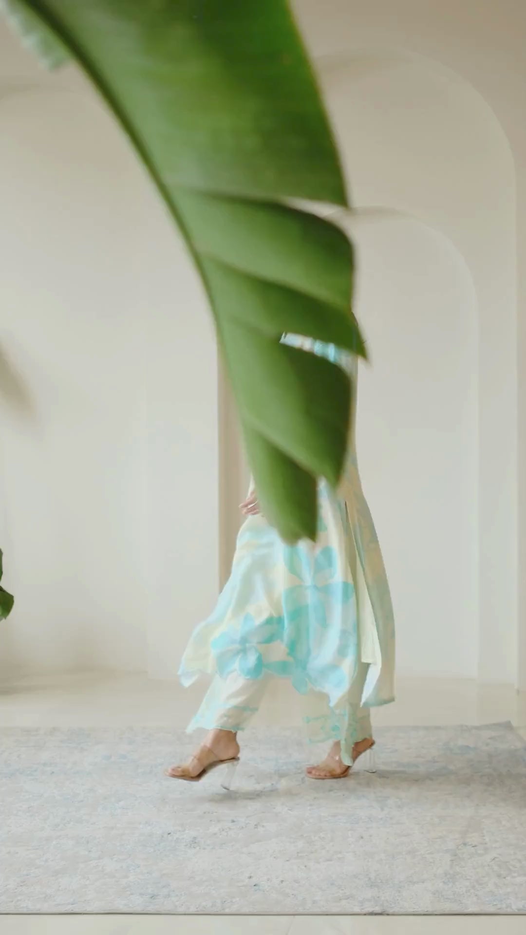 Aqua Blue Cut Work Scallope Muslin Kurta with Organza Border Embroidered Scallope Pant Set