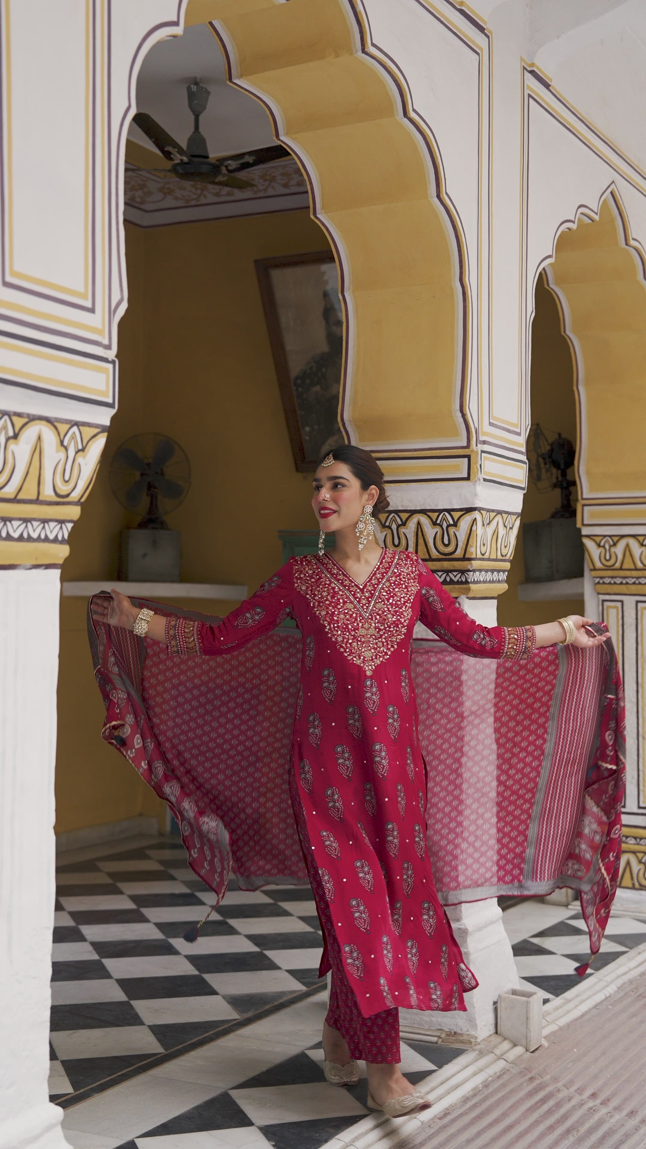 Red Block Print Gota and Sequence Muslin A line Suit