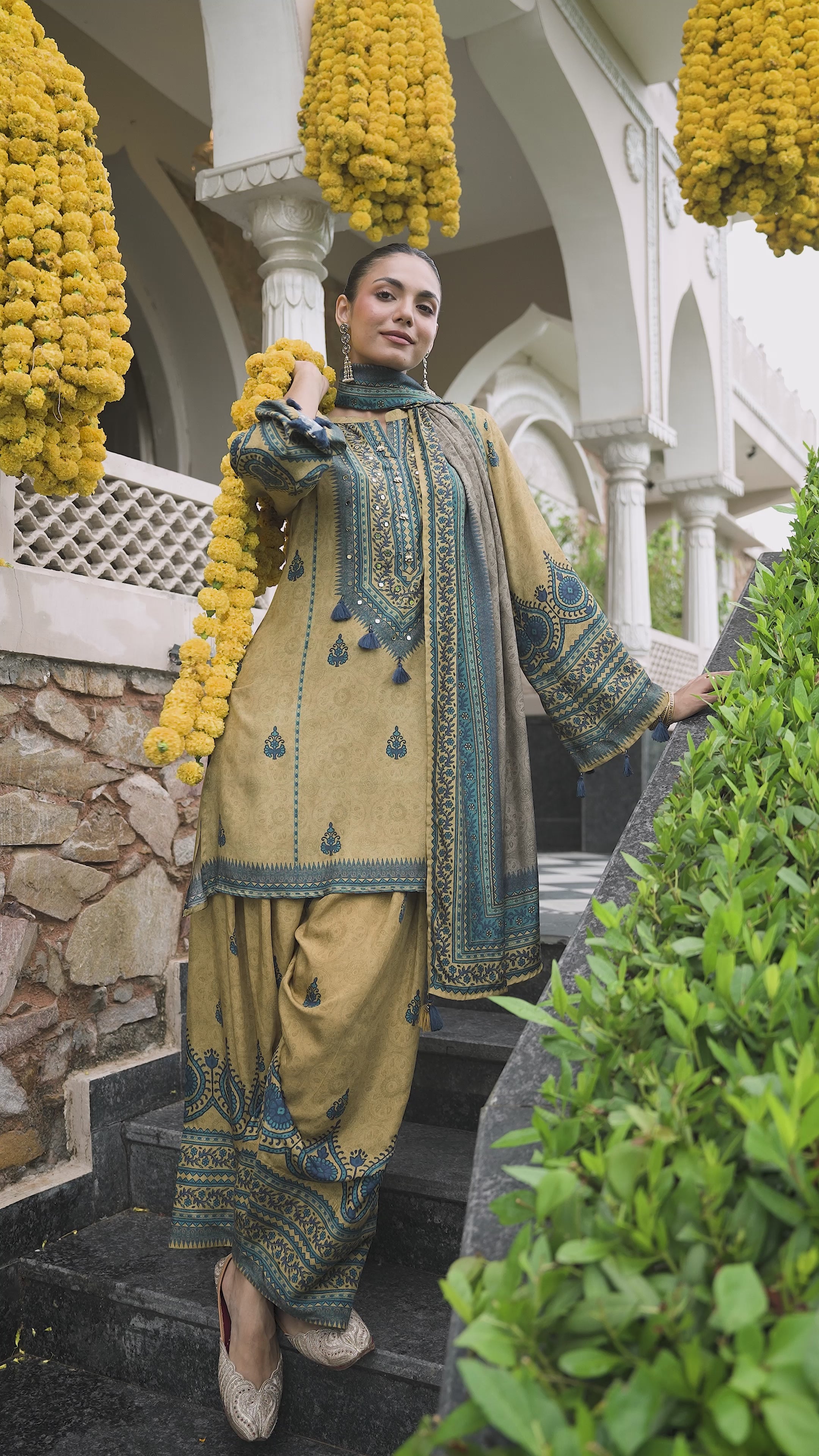 Mustard and Blue Ajrakh i Block Print Muslin Farshi Salwar Set