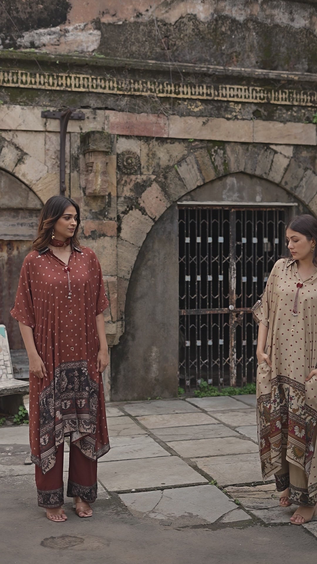 Beige  Dot With Ajrakh Print Kaftan Kurta Set