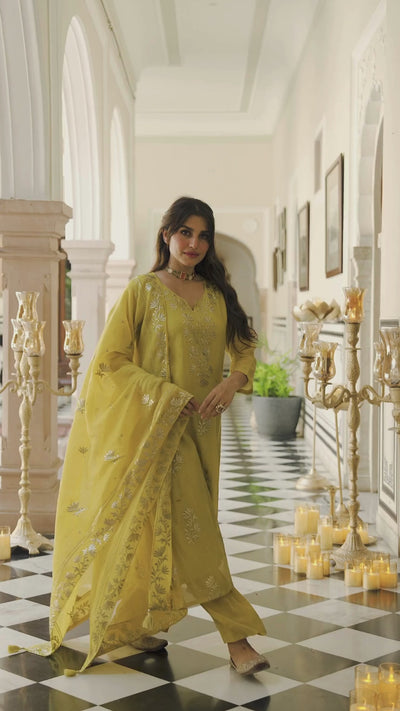 Yellow Pure Mul Chanderi with Metallic Thread work on Kurta and Dupatta Suit Set