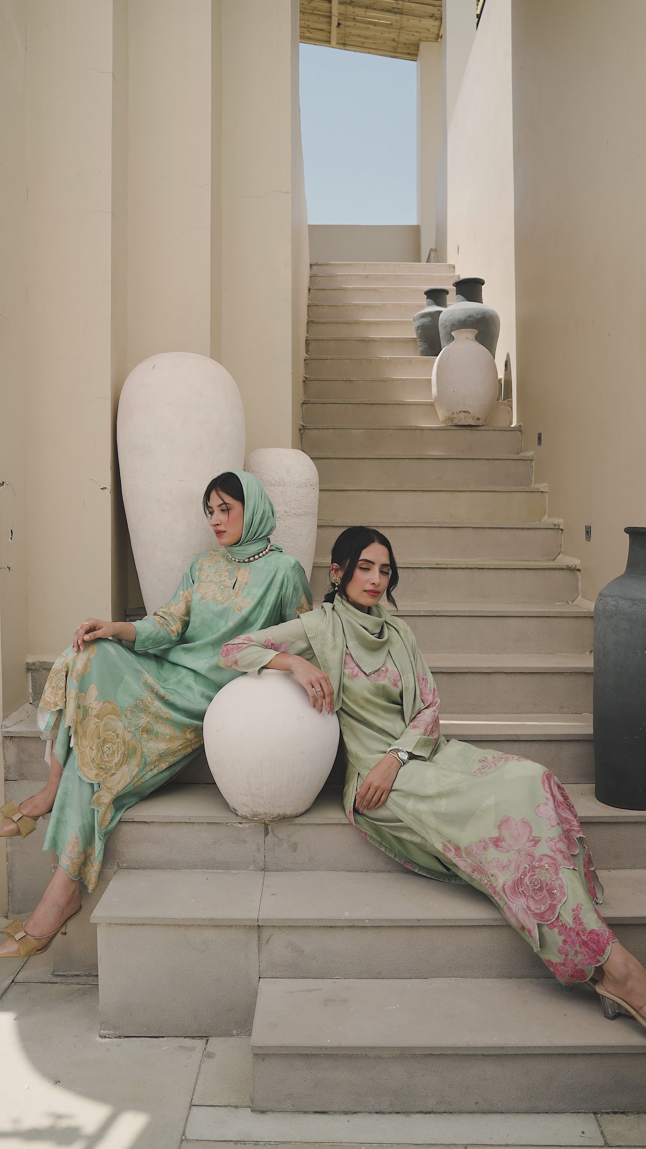 Sage Green Cut Work Scallope Muslin Kurta with Organza Border Embroidered Scallope Pant Set