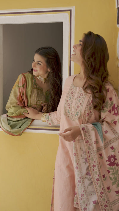 Peach Block Mughal Print Mul Chanderi Suit Set