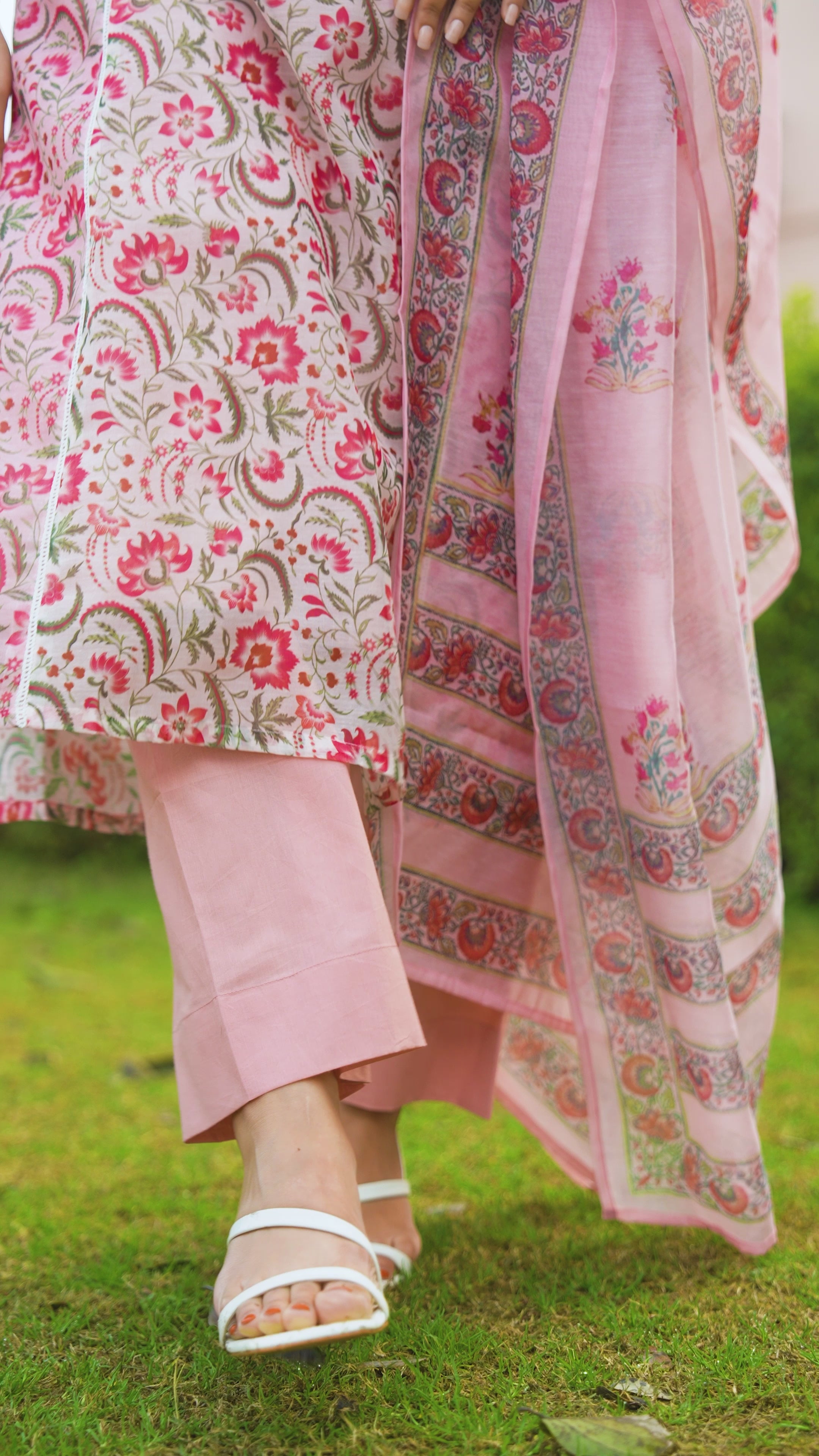 Peach and Yellow Panel Block Print A line Chanderi Suit Set