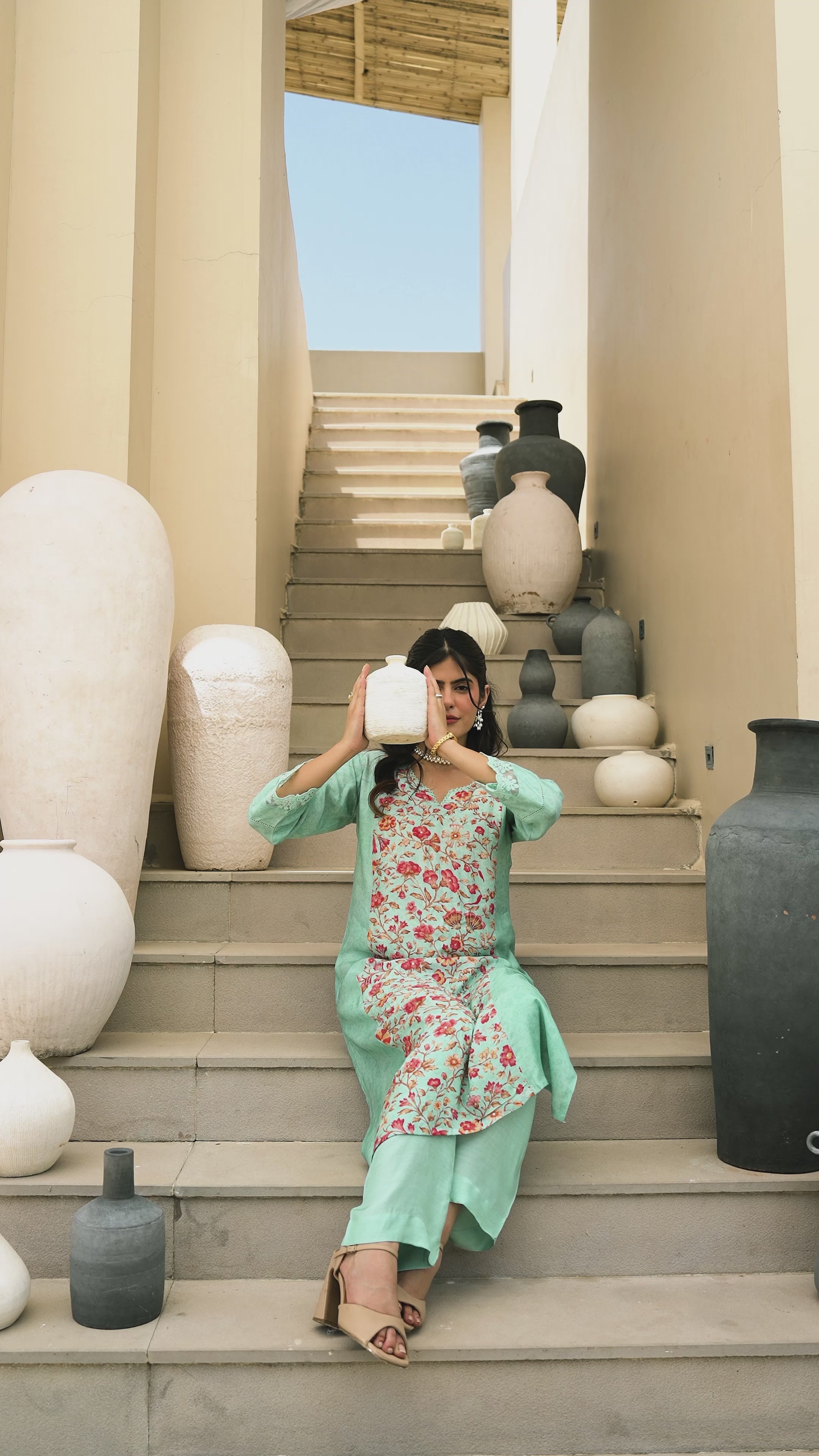 Pink Floral Panel Print with Lace Muslin Kurta set