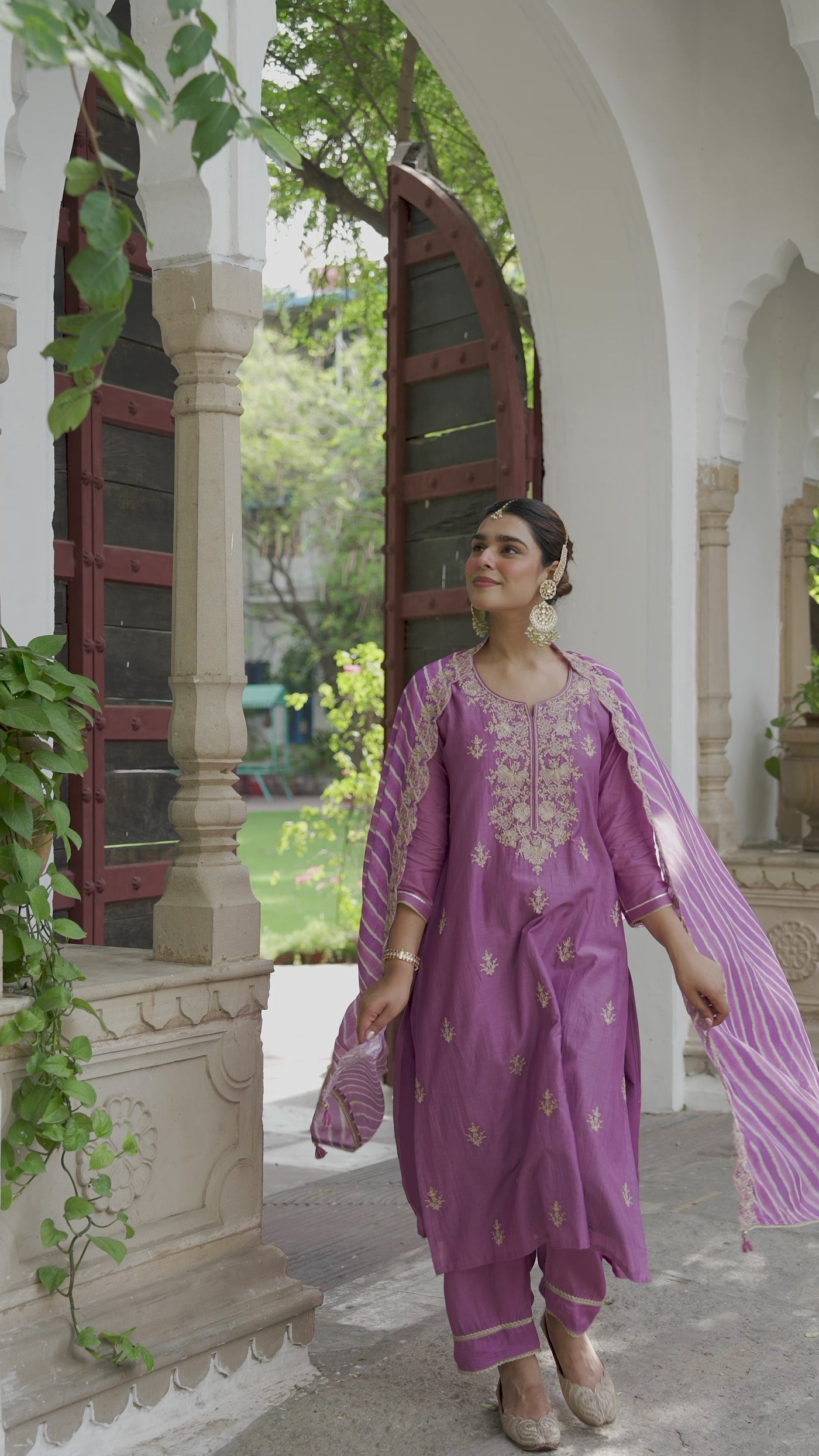 Purple Marodi Work with Lehariya Scallope Dupatta Mul Chanderi Suit Set