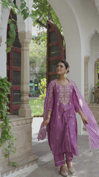 Purple Marodi Work with Lehariya Scallope Dupatta Mul Chanderi Suit Set