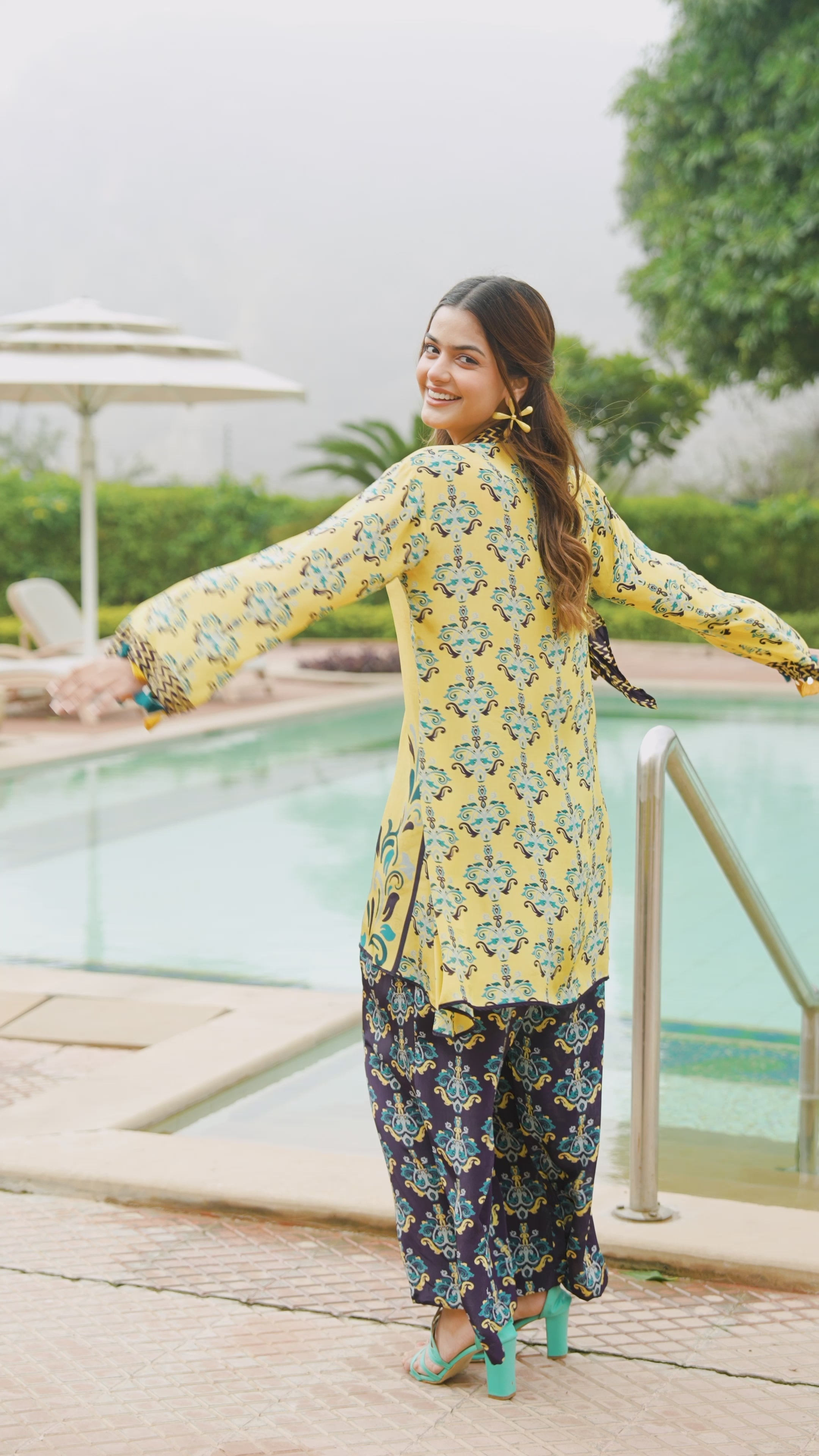 Yellow and Blue Spring Summer Block and Placement Print kurta Top with Flared pants