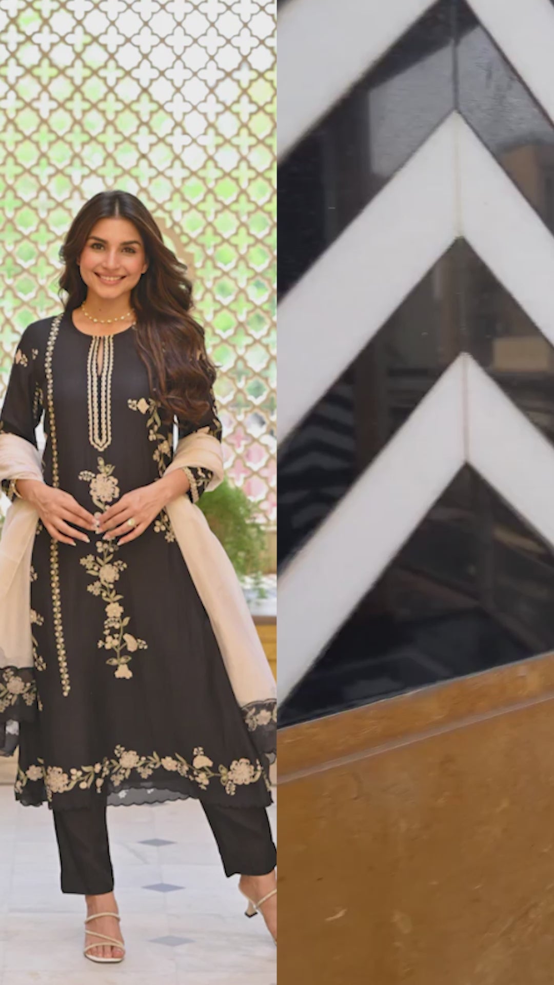 Soha Ali Khan in Black and Off White Placement Print Muslin Suit with Scallope Border