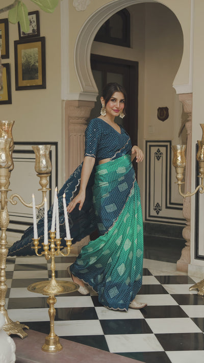 Turquoise Blue and Green Bandhani Saree With Mirror , Aari and Sequence work