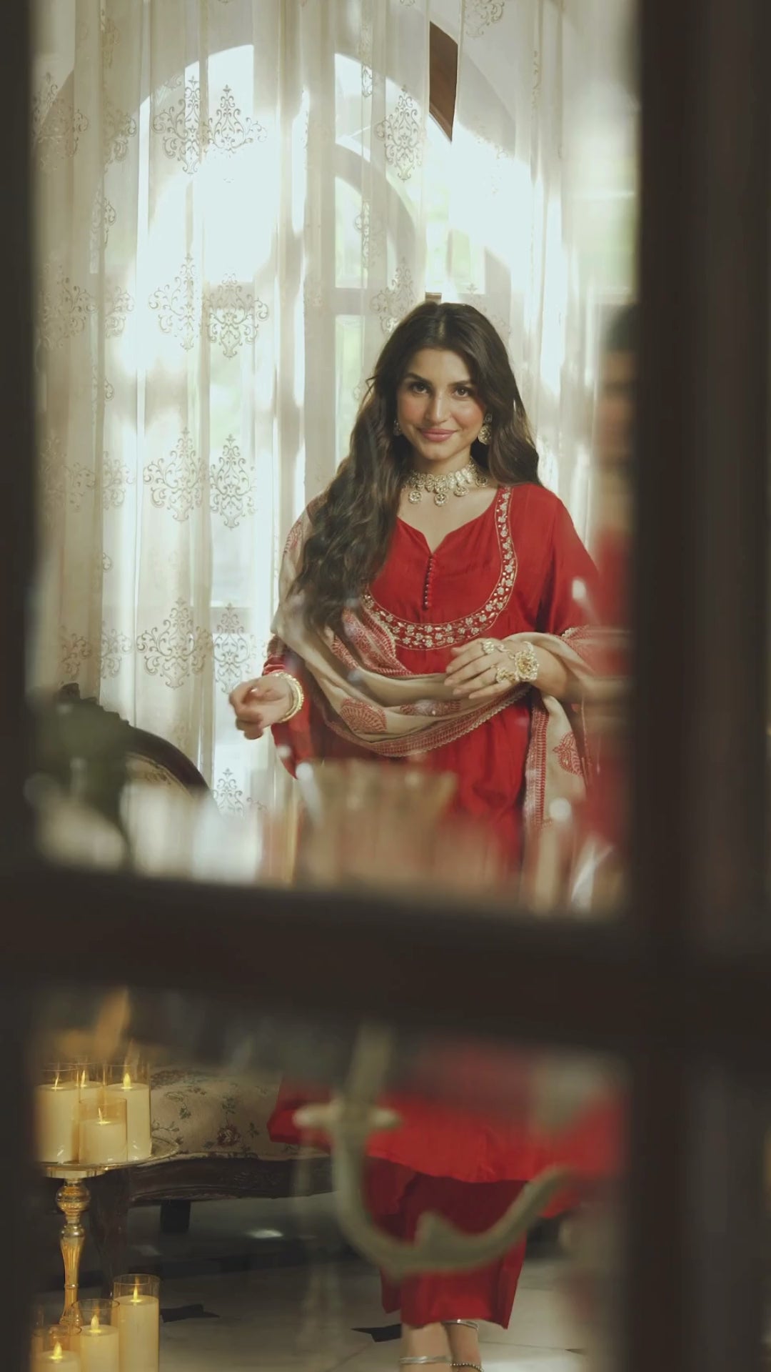 Rustic reddish mul chanderi suit set with beads and tari work on neck and block paisley with spread gota work dupatta