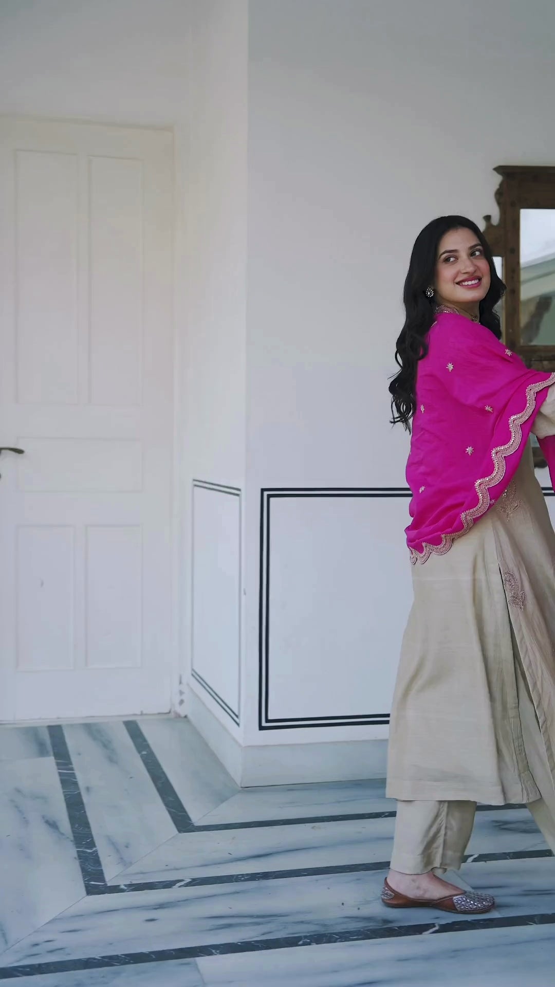 Beige Marodi Spread Work Kurta with Pink Scallop Dupatta Mul Chanderi Suit Set