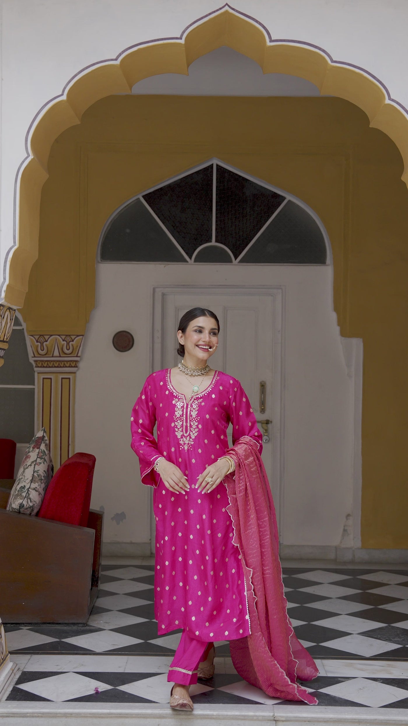 Pink Tyohaar Banarasi Gota Work with Scallope Border Suit Set