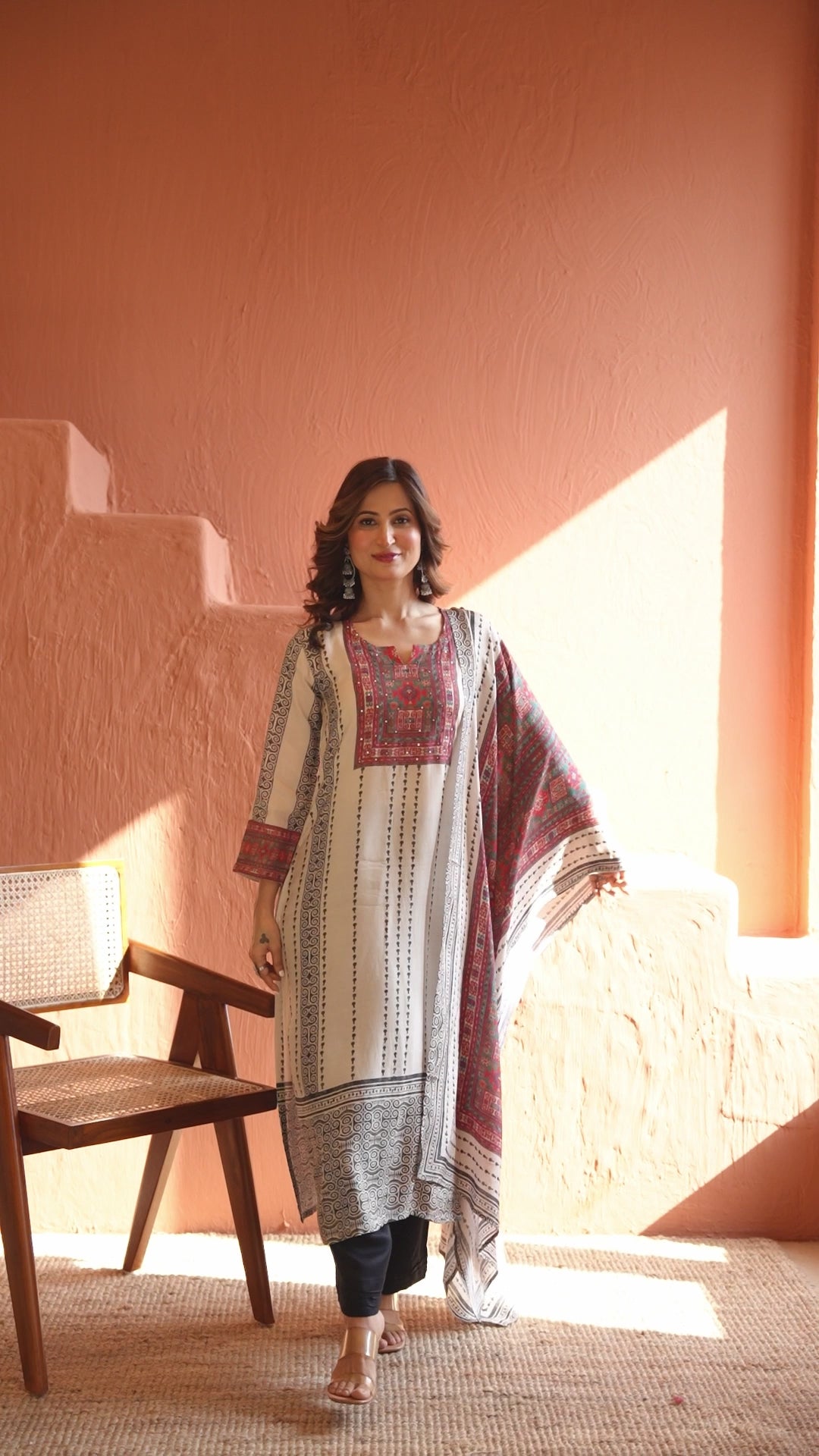 Black and White Striped Print With Multi Coloured Yoke Suit Set