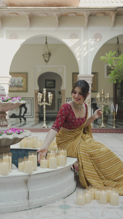 Yellow Lehariya with Ghewar Print Crepe Saree with Aari, Sequence and Mirror Work