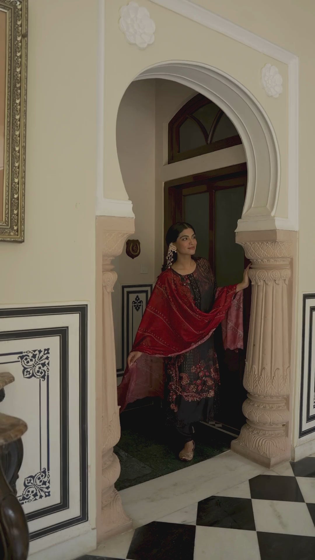 Black and Red Paisley Print with Scallope Cut Work on Kurta and Scallope Dupatta