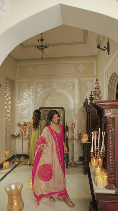 Mehandi Green Kurta with Marodi and Aari Work and Ghewar Print Dupatta with Gota Patti and Aari Work Suit Set