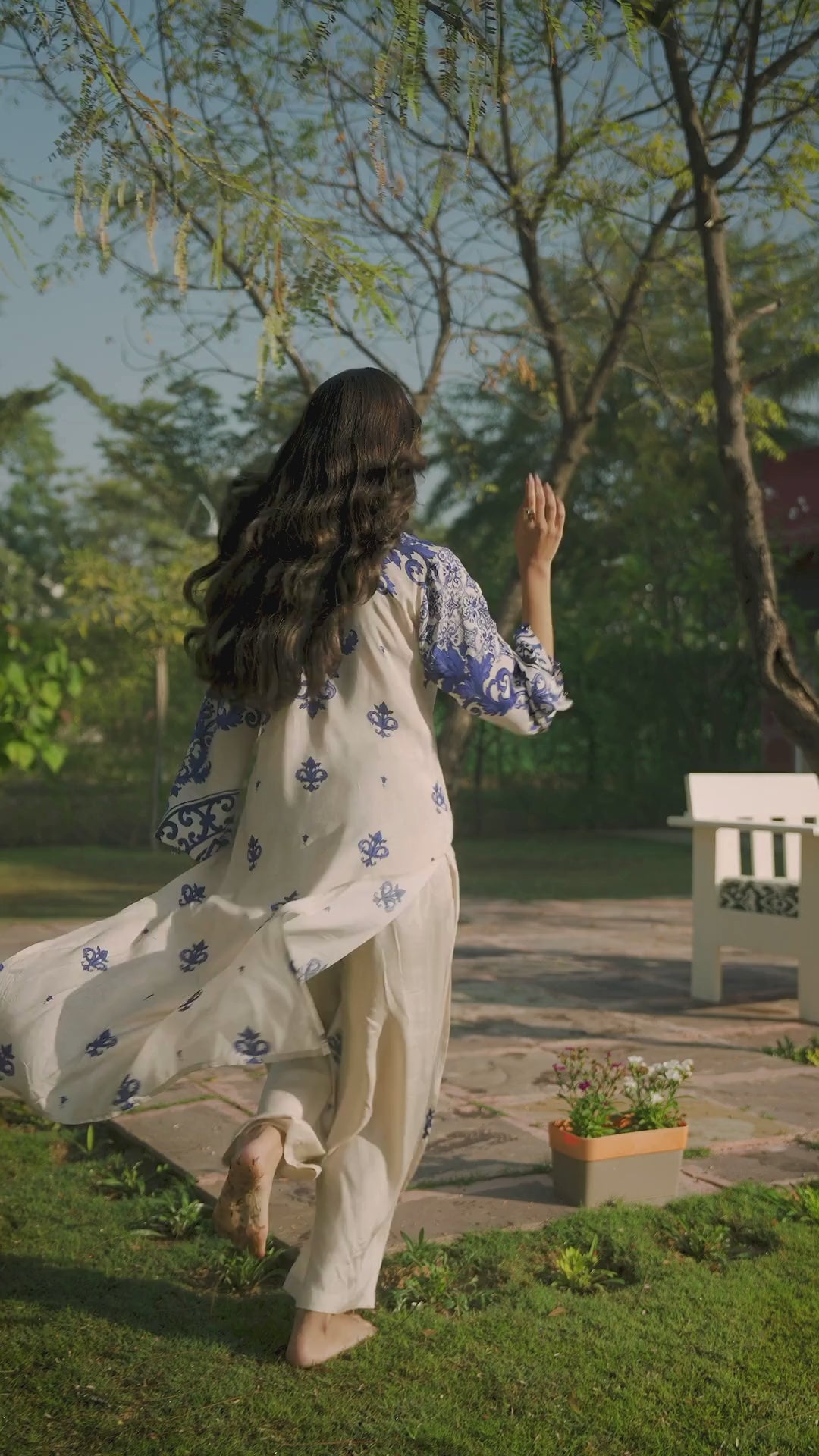 Off White with Blue Buti Print Muslin Kurta Set