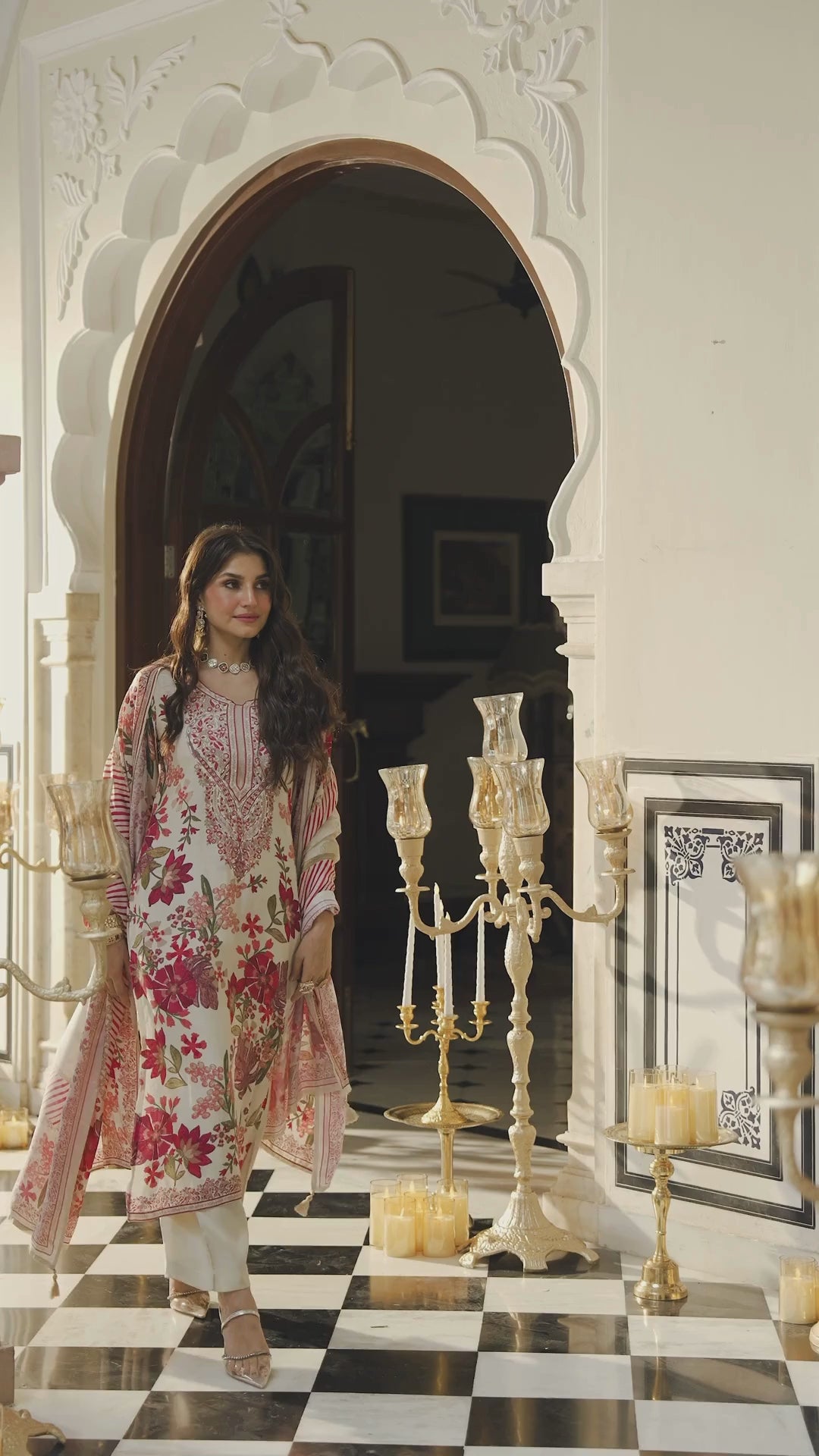 Hema Maliniji in White and Red Floral Thread Embroidery Muslin Suit Set