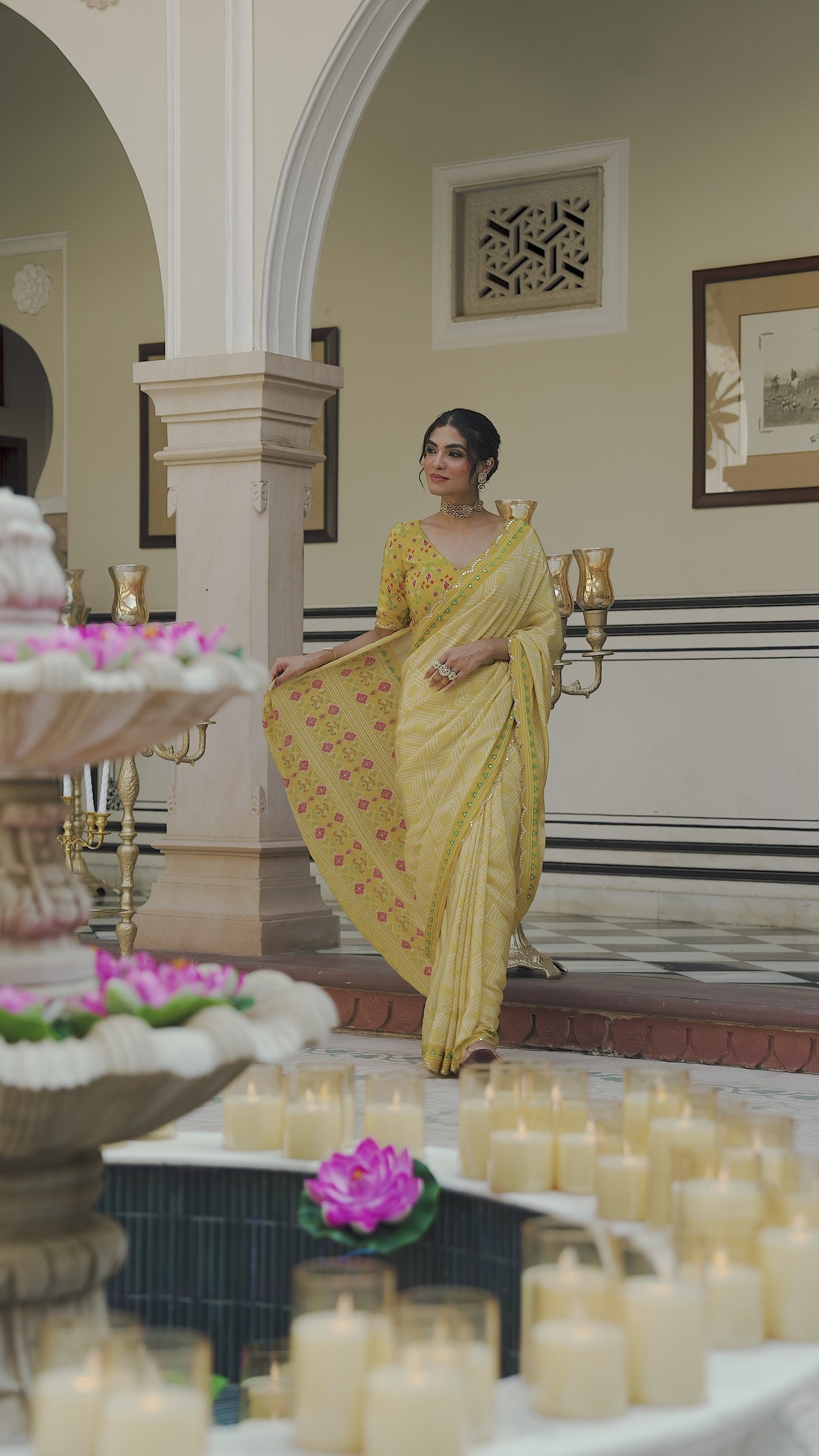 Yellow Bandhani With Patola Design Saree With Mirror Aari And Sequence Work