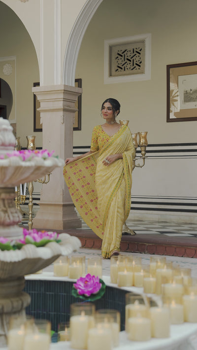 Yellow Bandhani With Patola Design Saree With Mirror Aari And Sequence Work