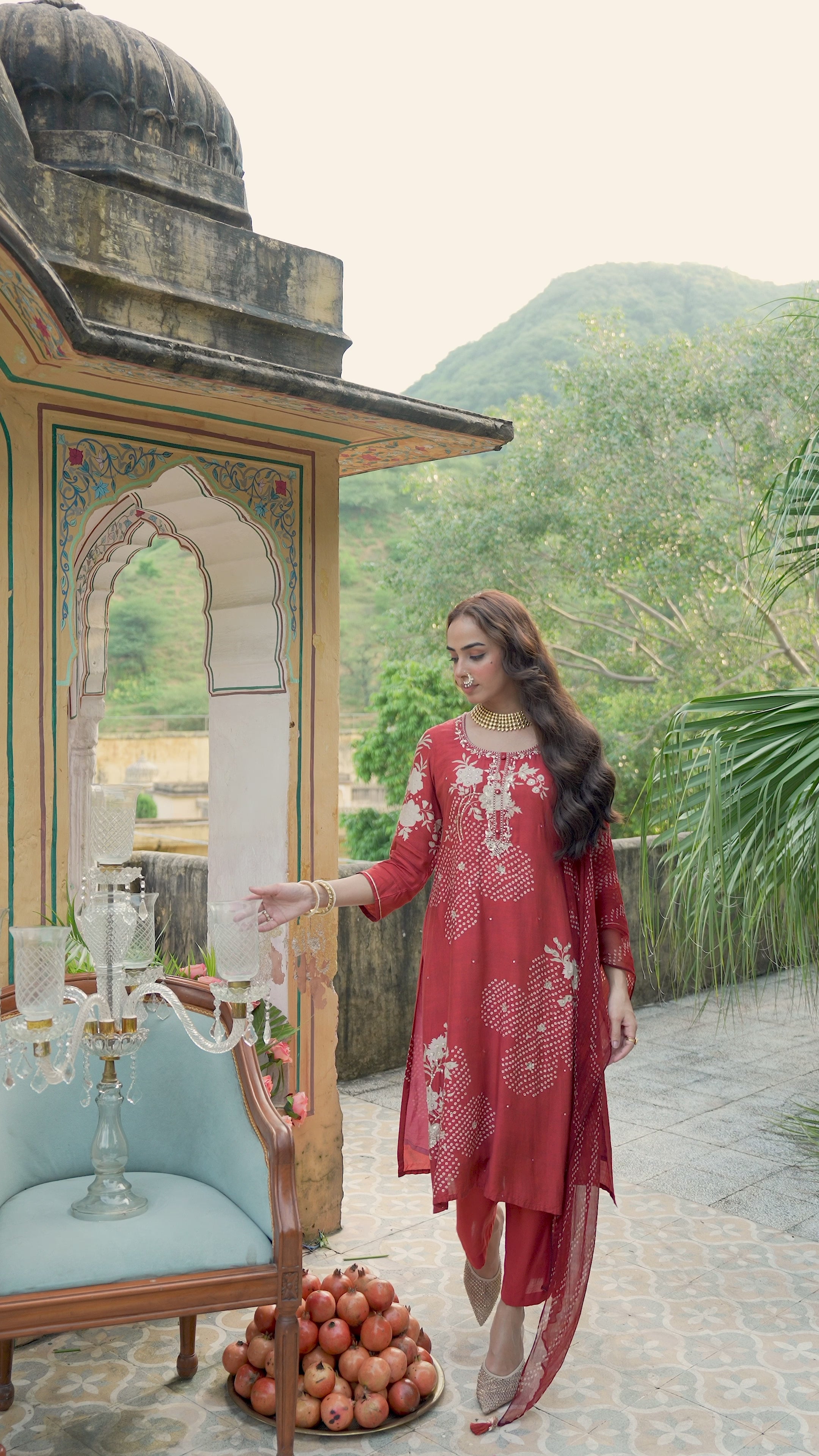 Red Placement Bandhani Muslin Suit set with Gota Patti Work