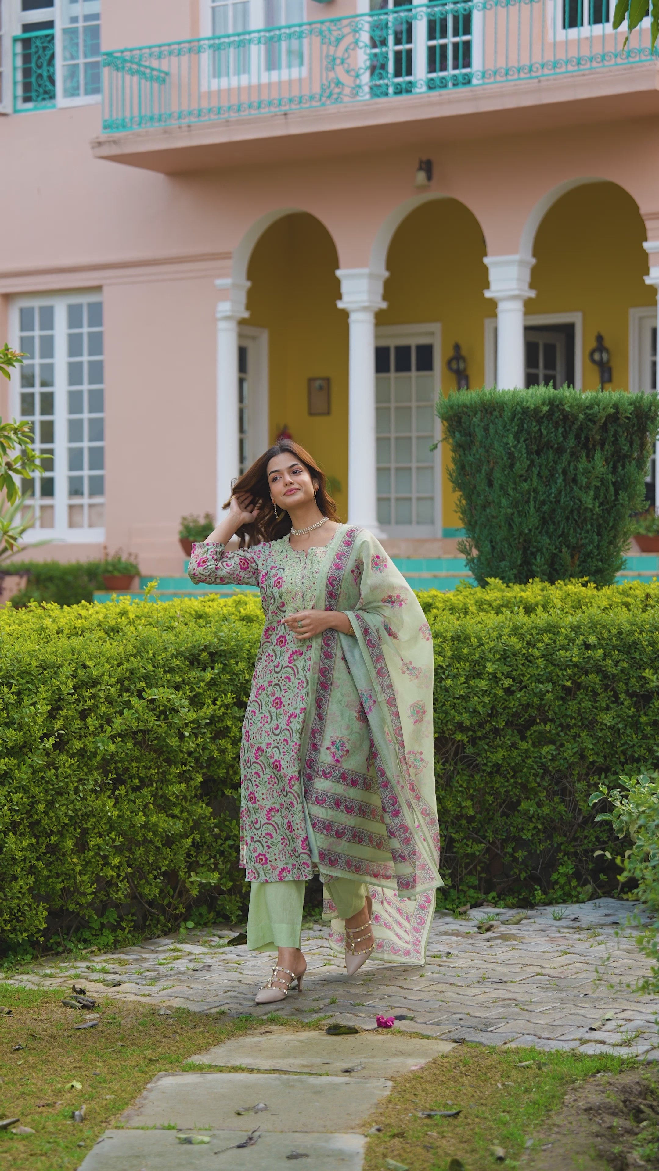 Green and Pink Chanderi Suit Set with Pittan Work and Block Print Dupatta