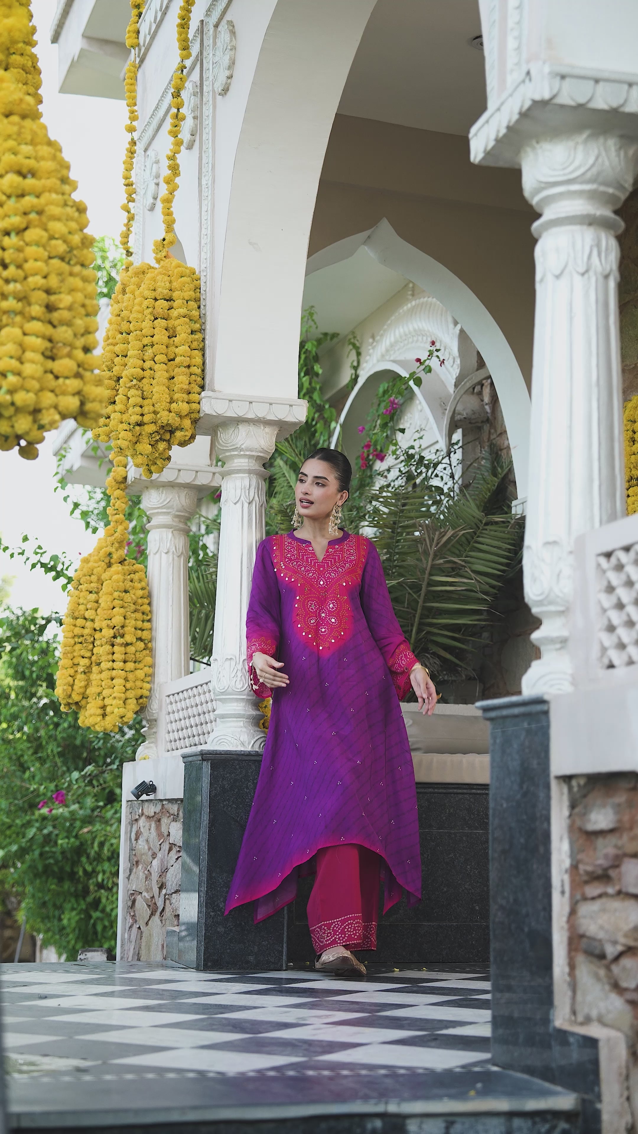 Pink and purple lehariya A line kurta set with mirror and sequence work