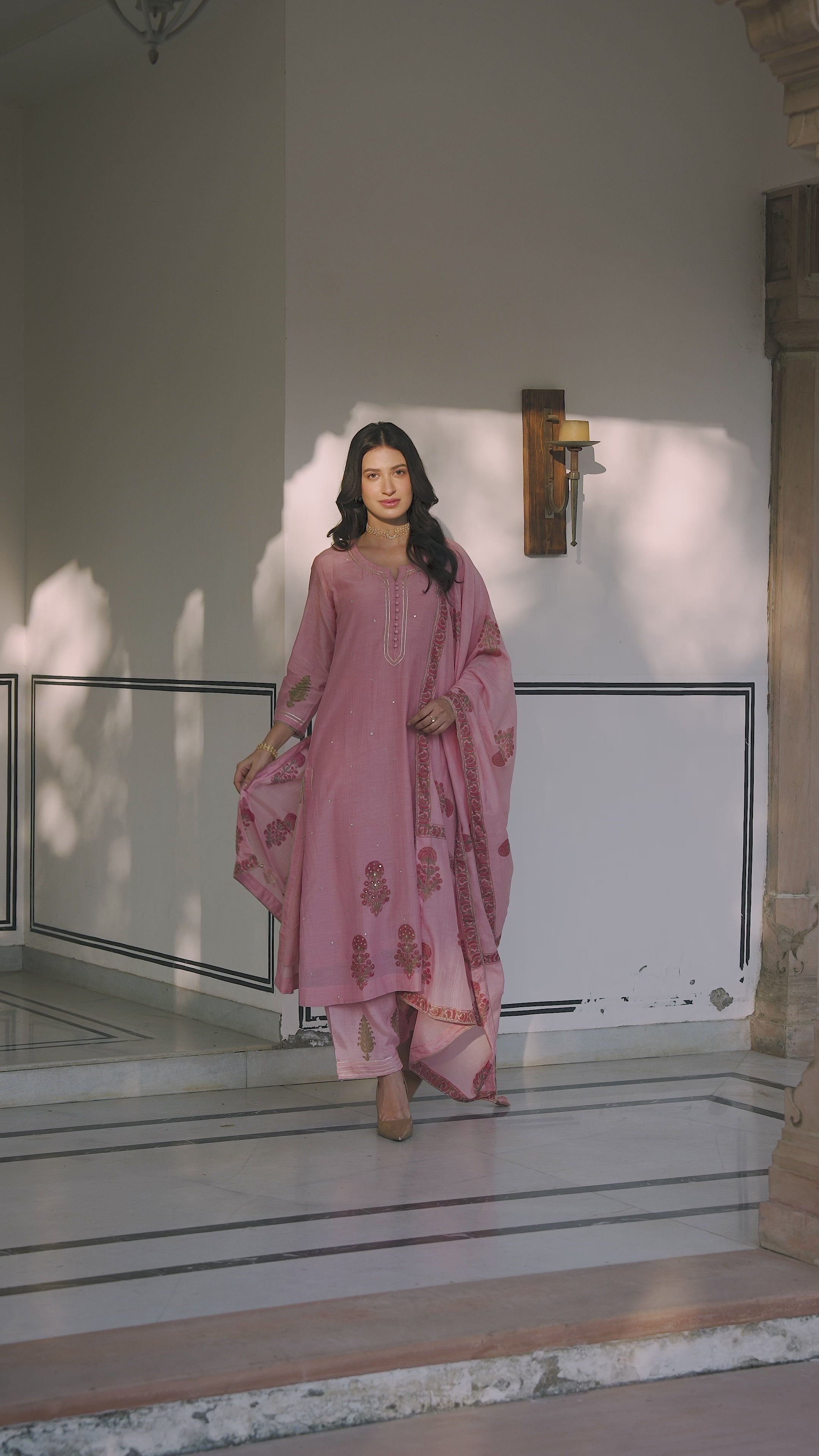 Rosa Block-Printed Mul Chanderi A line Suit Set