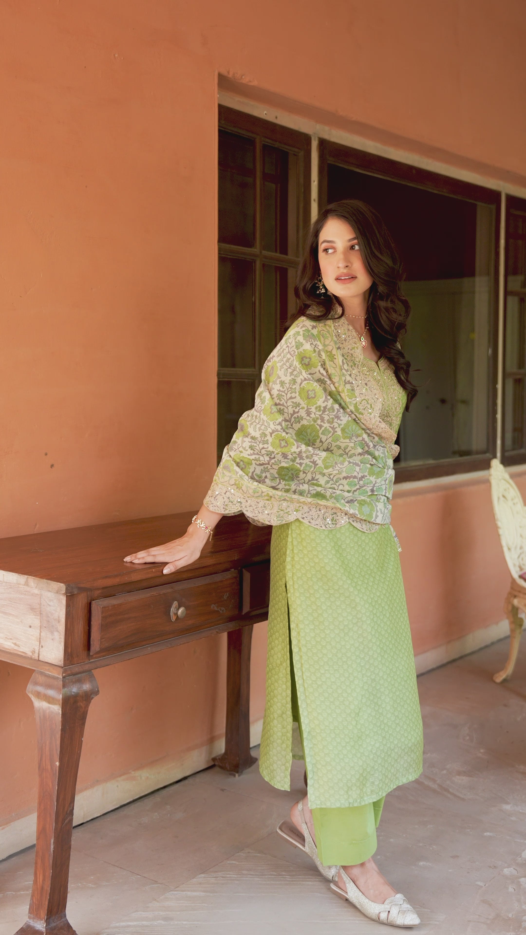 Green Zubeida Chanderi Suit Set with Scallope Dupatta and Marodi work