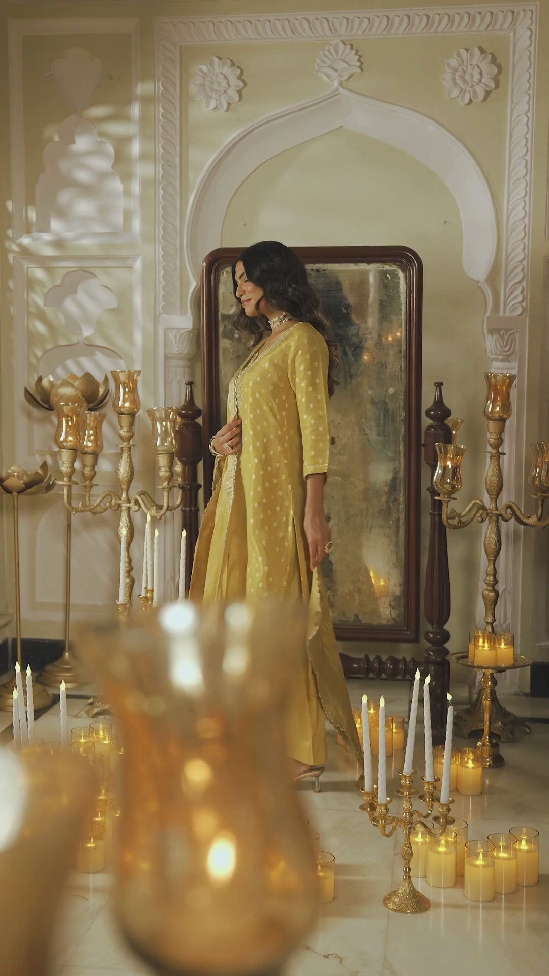 Yellow Banarasi Small Buti Suit Set with Sequence and Gota Work