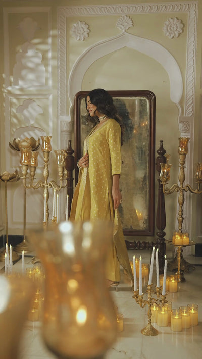 Yellow Banarasi Small Buti Suit Set with Sequence and Gota Work