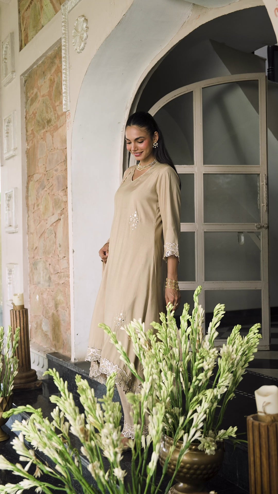 Beige Cut work Scallope Dupatta and Pant Mul Chanderi Suit