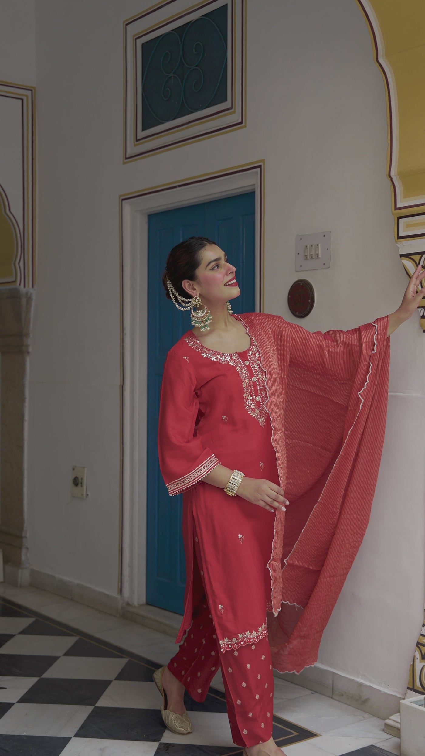 Red Tyohaar Pure Dola Silk Suit Set with Banarsi Pant