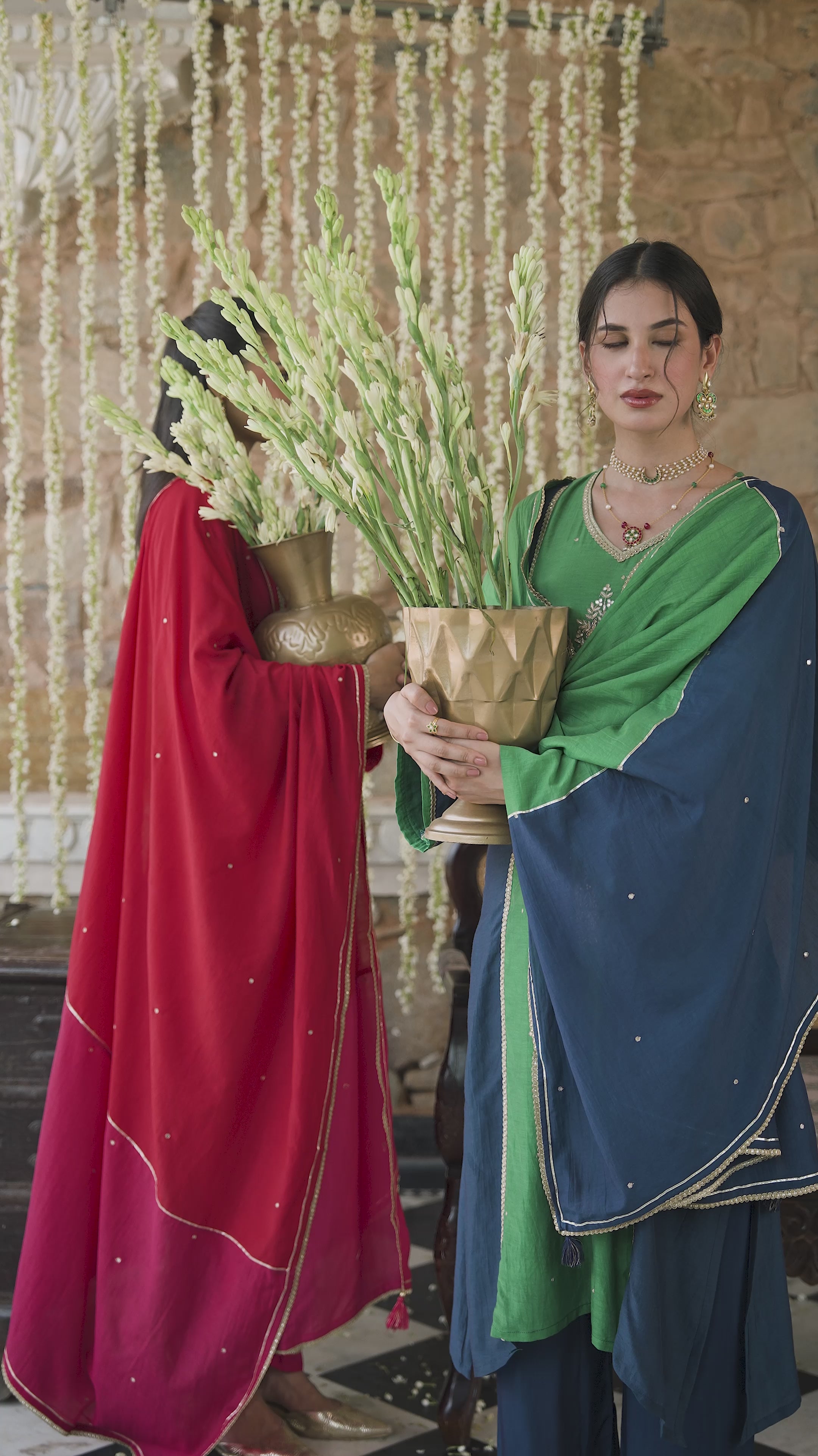 Green and blue tyohaar gota work Mul Chanderi Suit Set