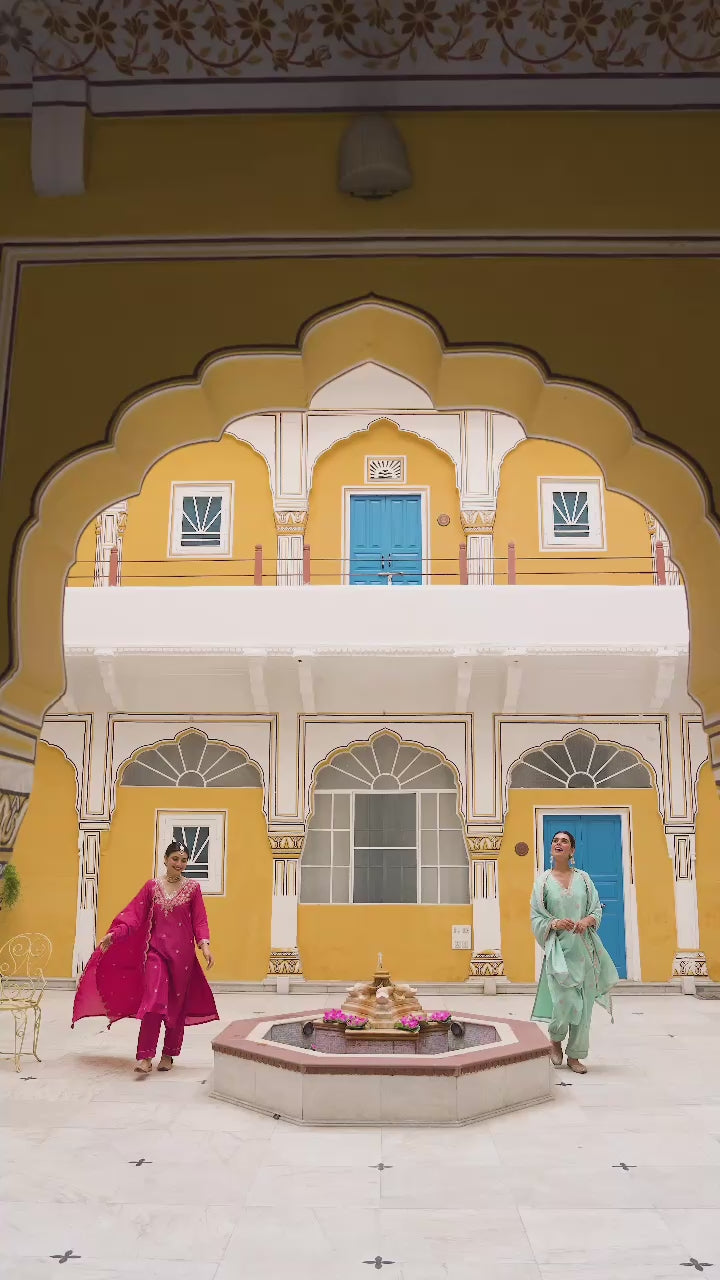 Pink Pure Mul Chanderi Suit Set with Scallope Dupatta