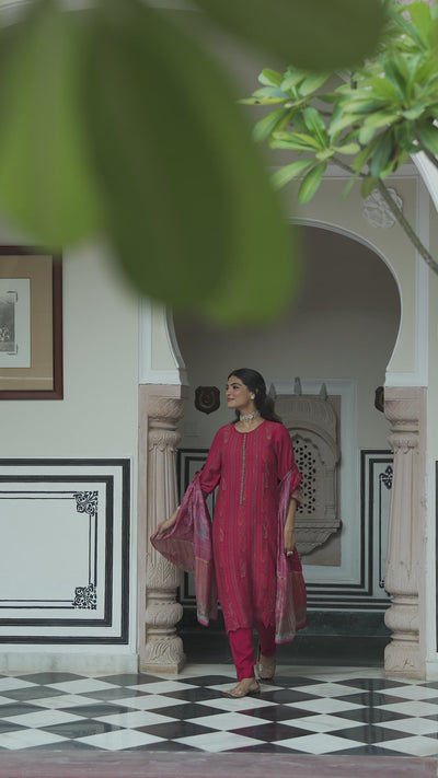 Cardinal Red Cut Work Scallope Kurta with Beads Work Paisley Print Kurta with Zari border Dupatta Suit Set