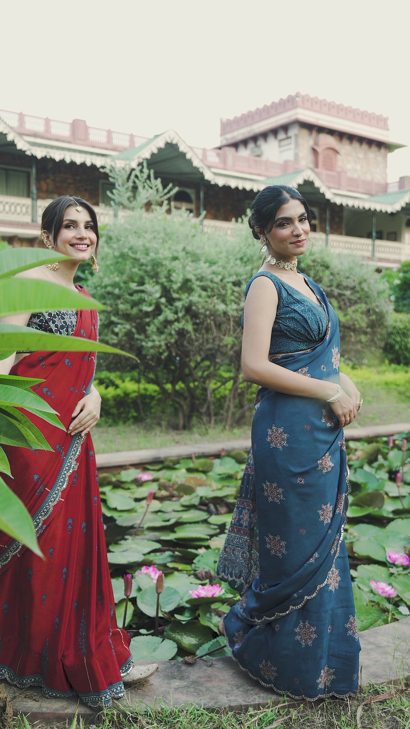 Red Mughal with Ajrakh Print Saree with Mirror , Sequence and Aari Work and Scallope Border