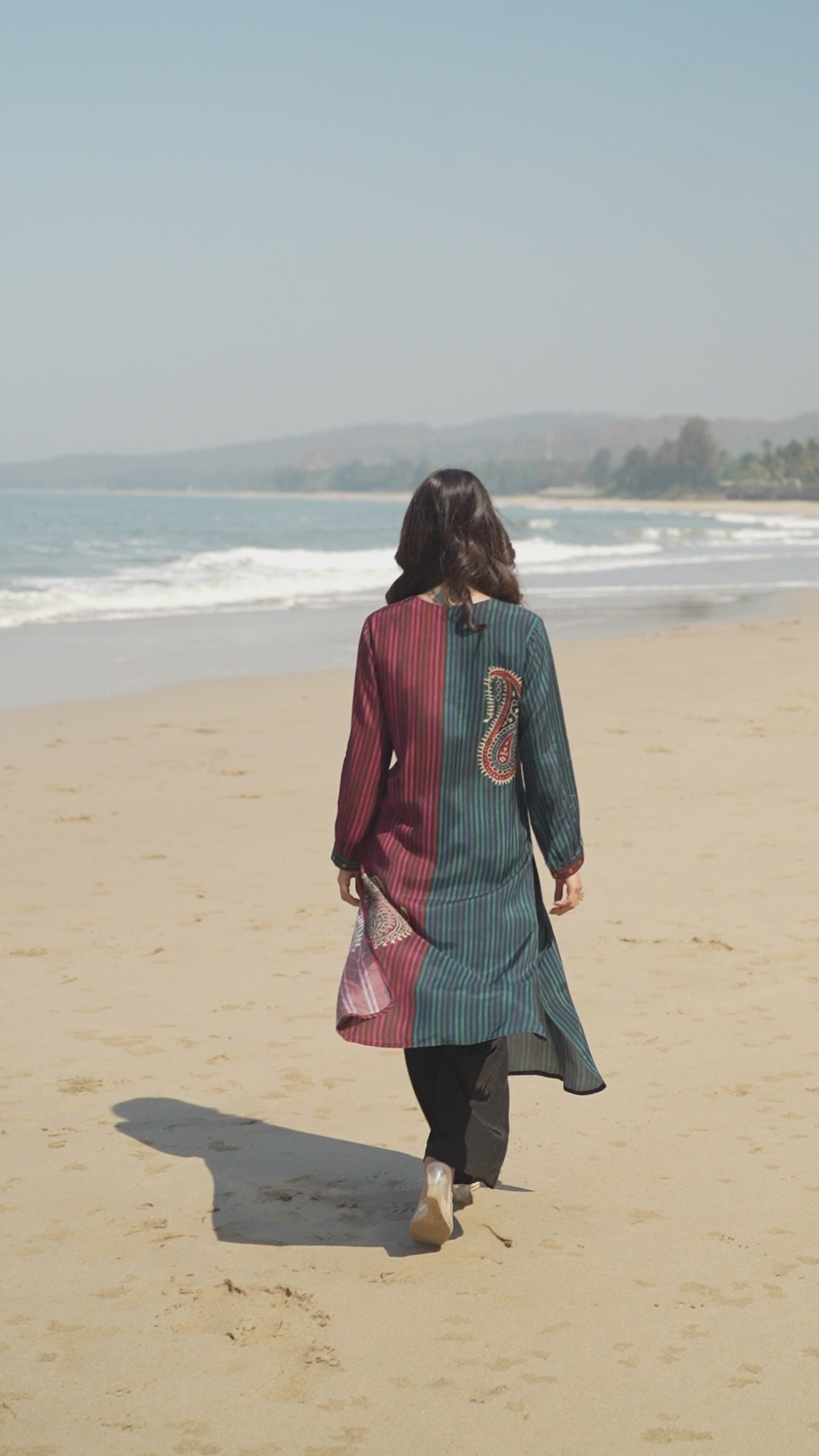 Blue and Red Paisley Lining Print Muslin Kurta Set