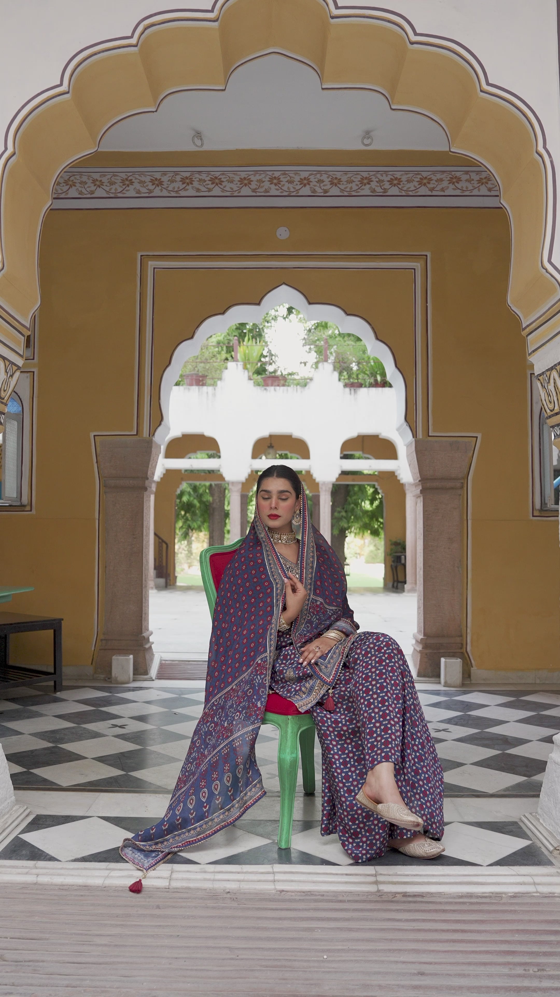 Red Block and Placement with Gold Foil Print Muslin Sharara Set with sequence , Moti and Gota work